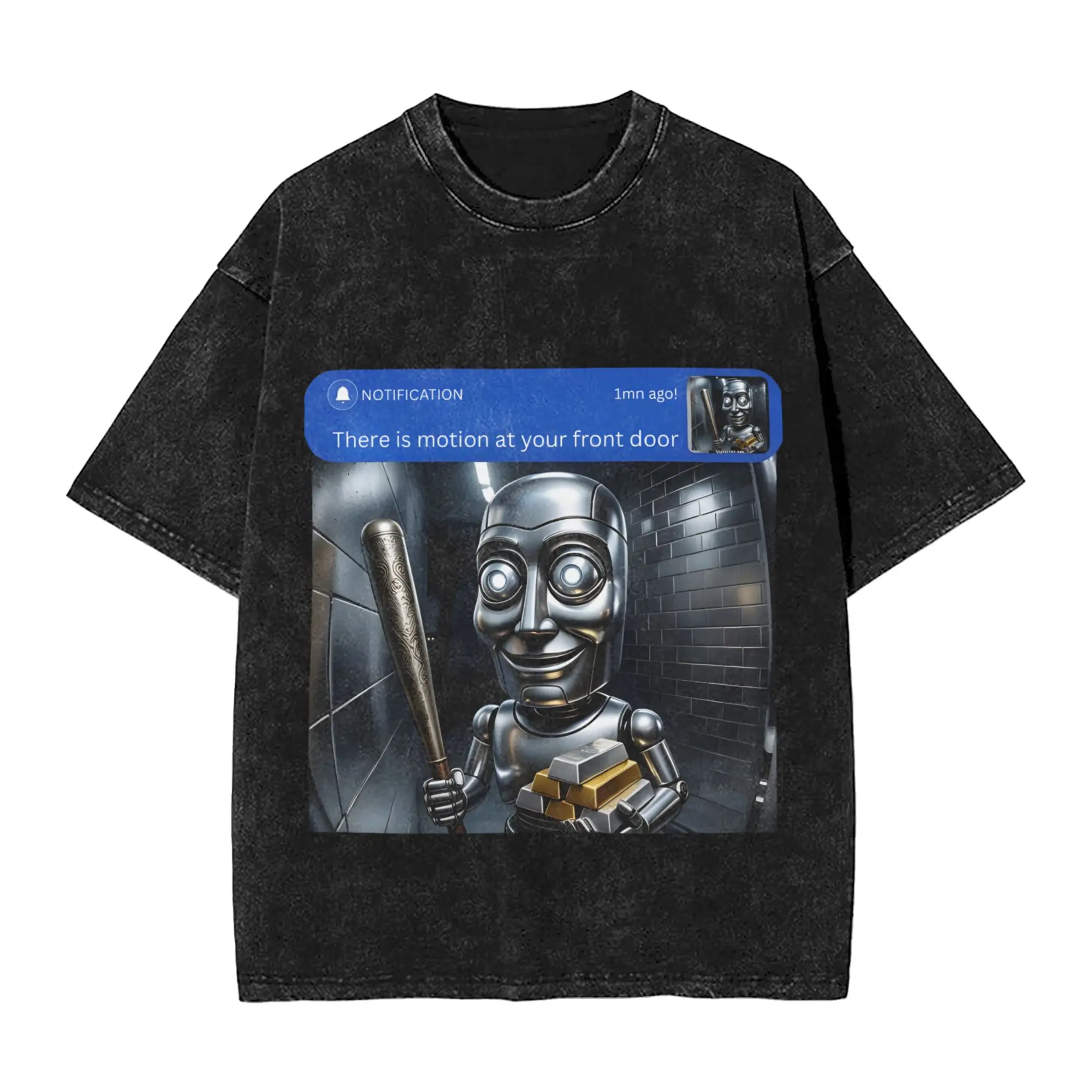 There Is Motion At Your Front Door Tung Tung Tung Sahur Robot  Outfit Washed T Shirts Men Women Streetwear Hip Hop T-Shirt