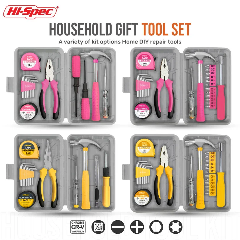 Hi-Spec Yellow Household Tool Box Set Home Pink Multi-function Hand Repairing Tool Kit Plier Hammer Screw Tape Measure Home Tool