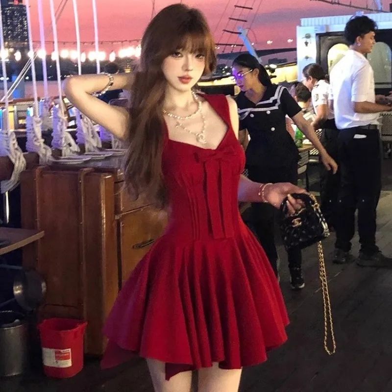 

Hot Girl Bow Sleeveless Short Dress for Women's Summer Slim Fit Square Collar A-line Dress Fashion Female Clothes