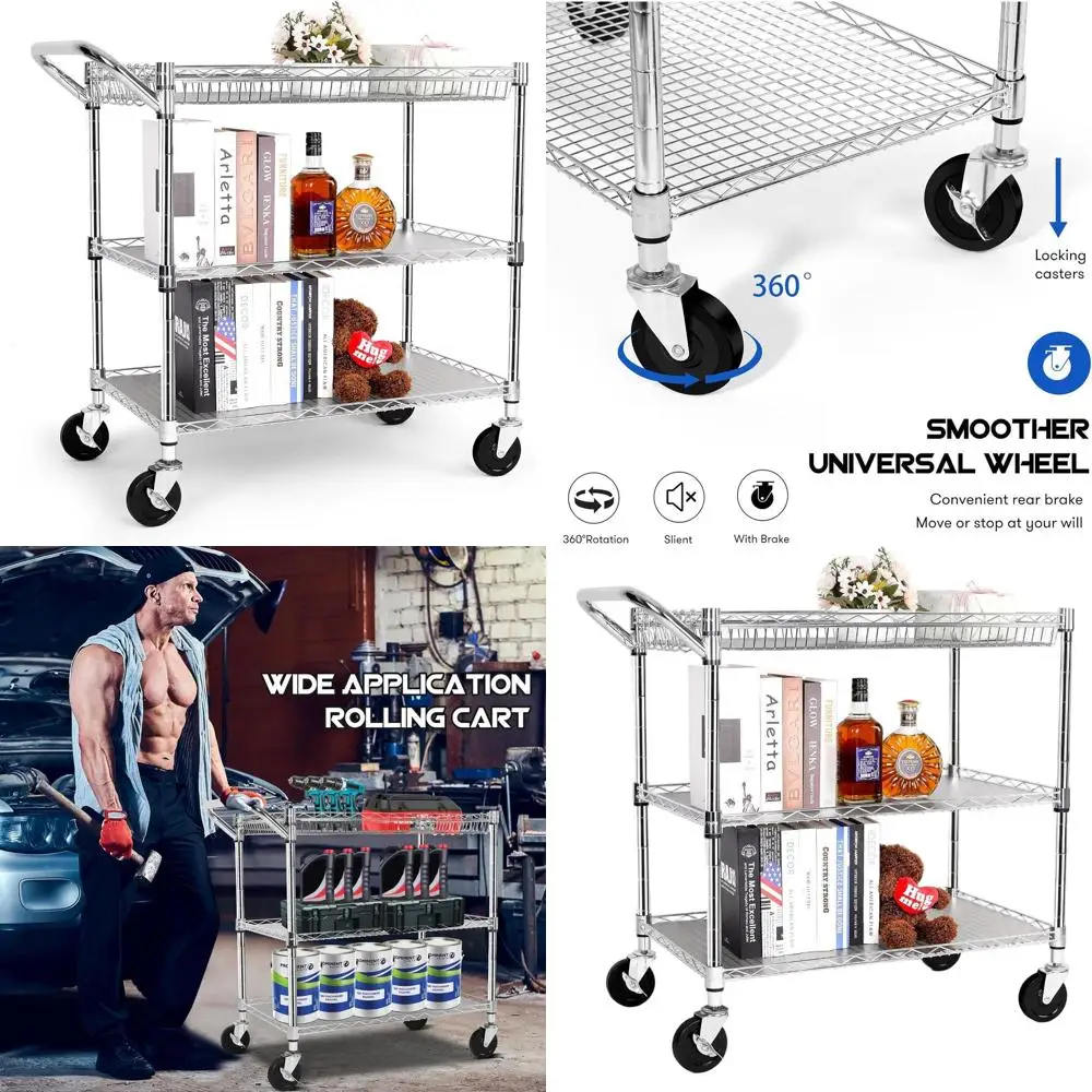 

3-Tier Heavy-Duty Metal Cart with Wheels and Handle, 990 lbs Capacity, 31x18x33 for Home and Garden Use