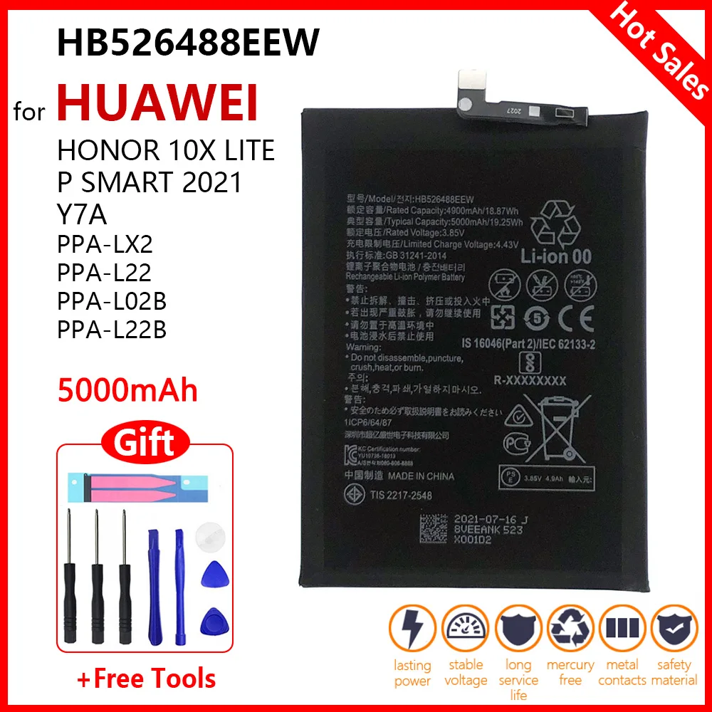 

Original 5000mAh HB526488EEW for Huawei Honor 10X Lite / P Smart 2021 Y7A PPA-LX2 PPA-L22 PPA-L02B PPA-L22B Phone Battery