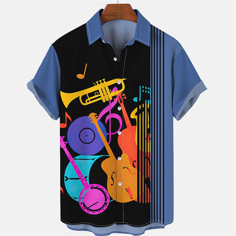 Summer Hawaiian Shirts For Men Colorful Music 3d Print Rock Shirt Beach Short Sleeve Casual Oversized Tops Blouse Clothing