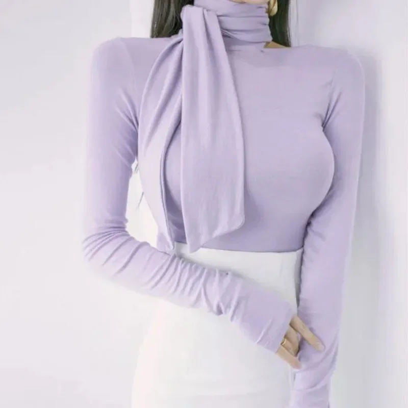 

Purple Top for Women Turtleneck Clothing 2024 Slim Woman T-shirt Blue Goth Kpop Beautiful Tshirt Elegant and Youth Aesthetic Tee