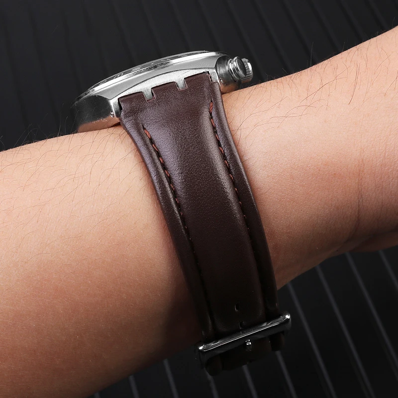 Swatch tali kulit asli pria dan wanita, alat pengganti tali gelang kulit sapi 17mm 19mm mulut angkat khusus coklat