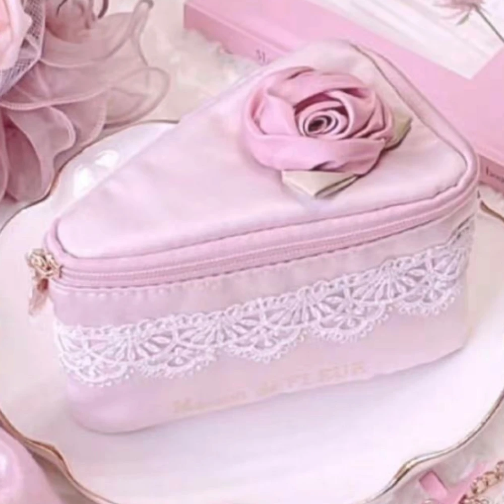 Japanese Kawaii Makeup Bag Pink Lace Cosmetic Bag Woman Cute Rose Lace Strawberry Cake Hand Makeup Storage Bag