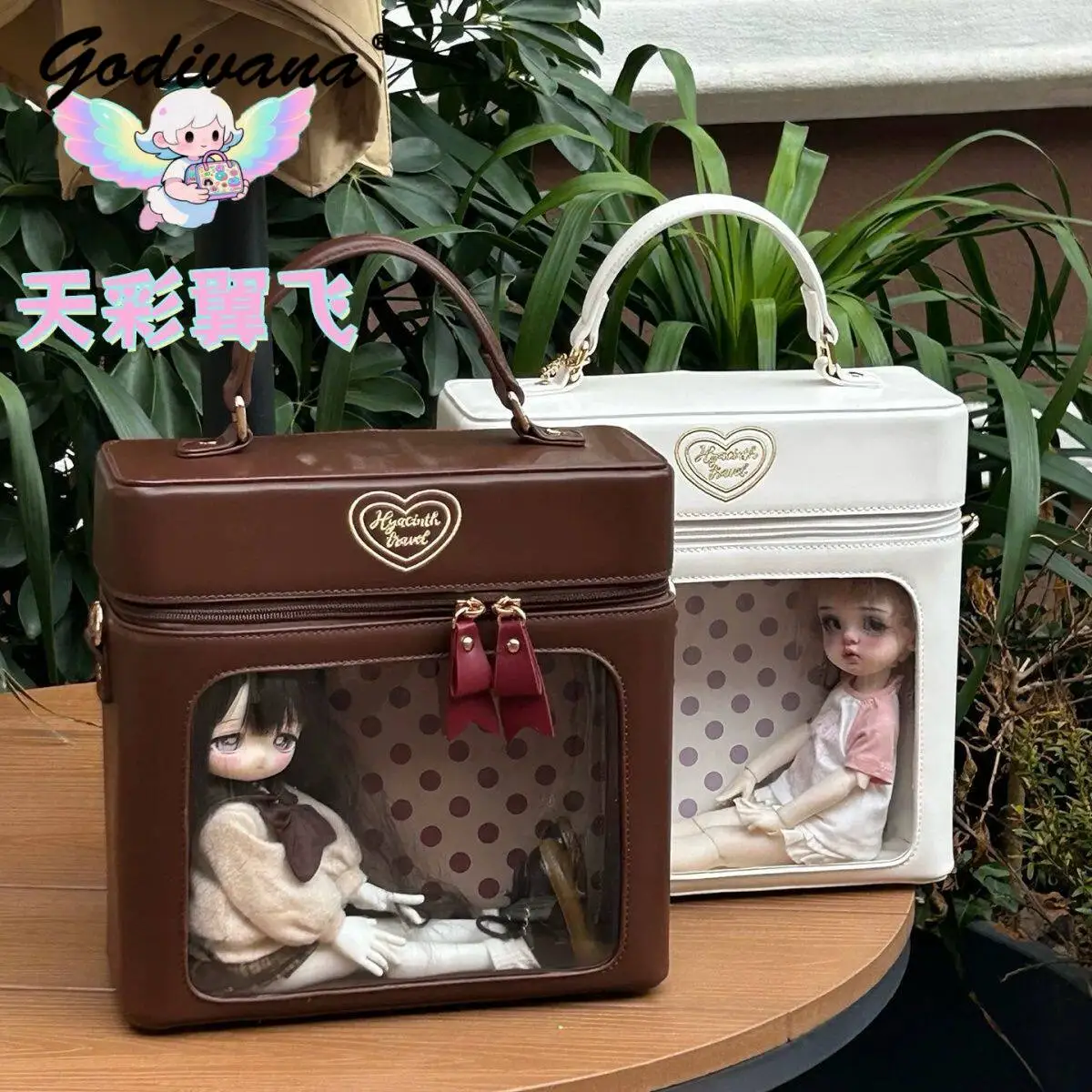 1/6 BJD Doll Travel Carrier Bag Cute Vintage Heart Embroidery Window Doll Storage Case Portable Doll Carry Box for 1/6 BJD