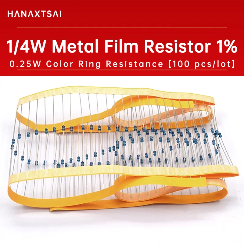 100pcs 1/4W 0.25W 1R~22M 1% Metal film resistor 100R 220R 1K 1.5K 2.2K 4.7K 10K 22K 47K 100K 100 220 1K5 2K2 4K7 ohm resistance