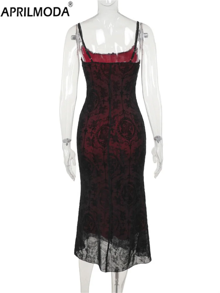 Schwarz Rot Vintage Elegante Goth Meerjungfrau Kleid Frauen Streetwear Fee Grunge Ästhetische Kreuz Muster Spaghetti Strap Party Kleider
