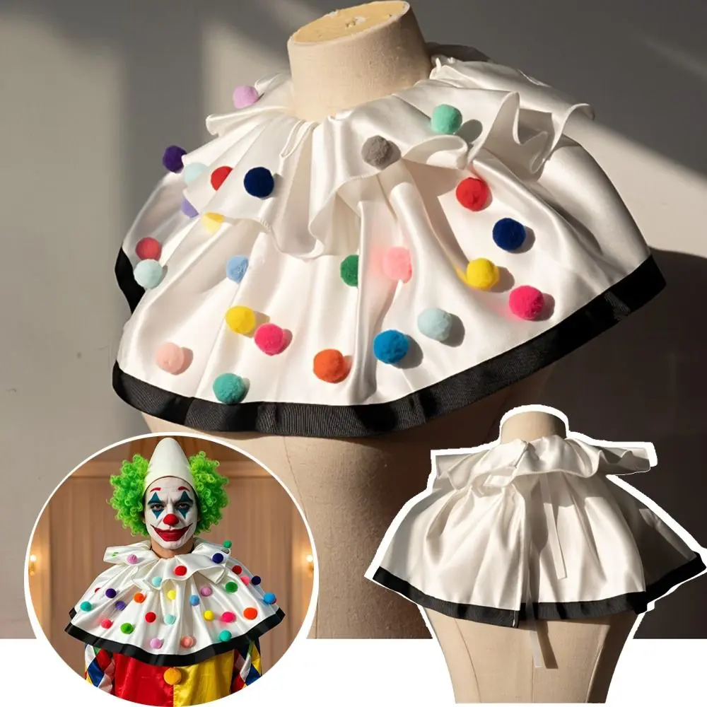 

Satin Ruffled Collar Clown Collar Fur Ball Decors Colorful Ball Cosplay Neckwear Layered Detachable Fake Collar Costume Parties