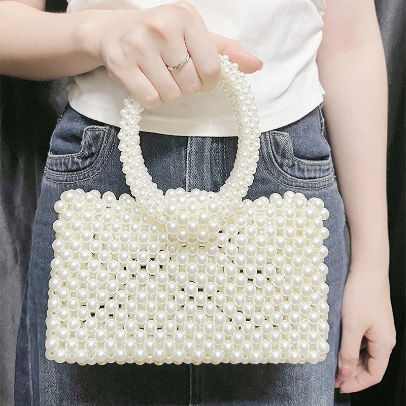 2025 nuevo bolso tejido hecho a mano con cuentas de perlas de imitación de doble círculo francés Retro chino bolso Simple para banquete