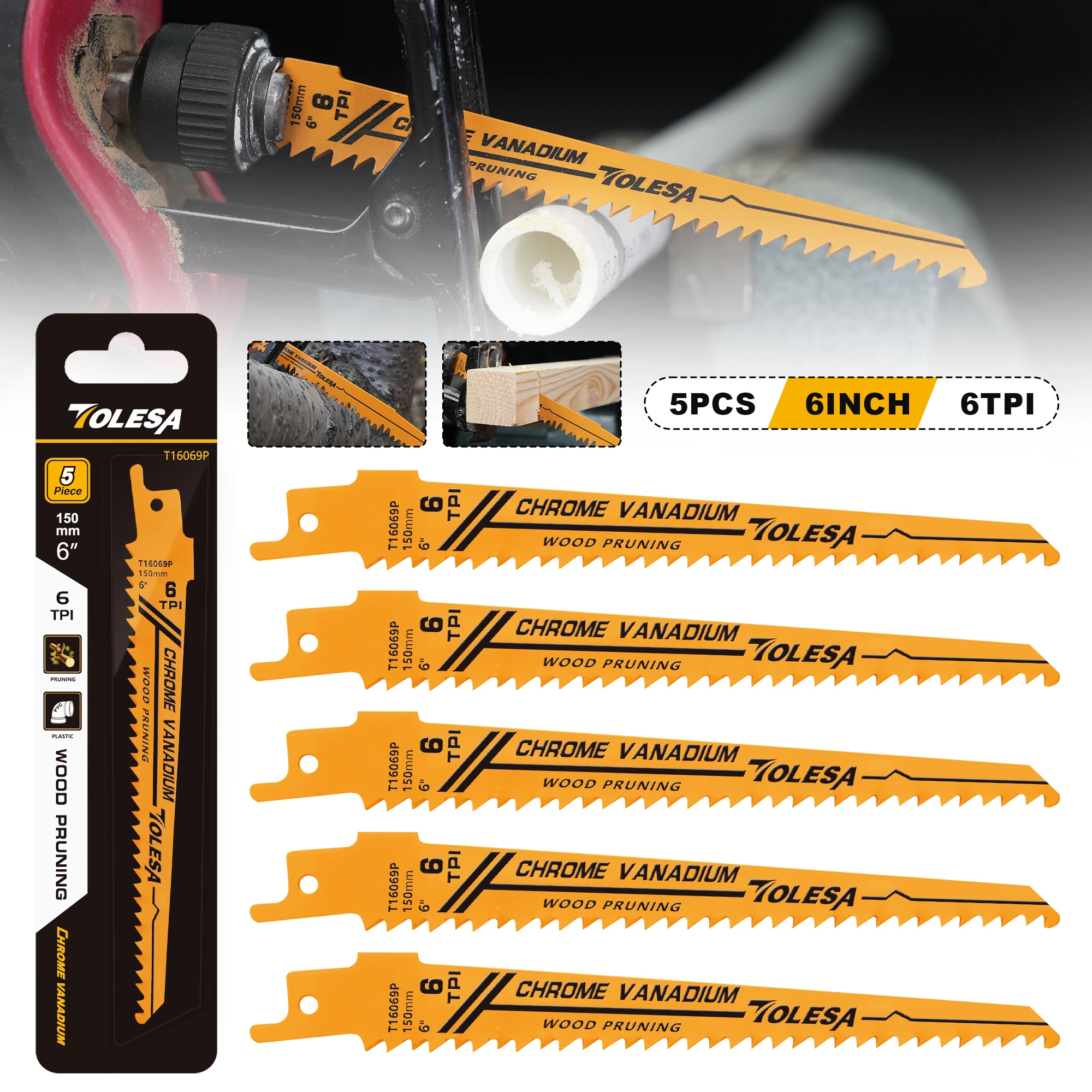 TOLESA 5PCS 6TPI 6 Inch Wood Pruning Reciprocating Saw Blades for Wood and PVC Pipe Cutting CRV Sharp Ground Teeth Sabre