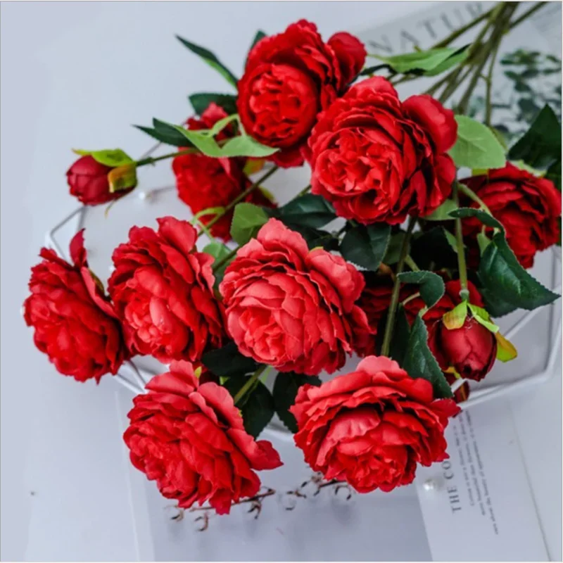 

3 Heads Fake Peony Vases for Home Decoration Accessories Wedding Decorative Flowers Scrapbooking Garden Household Products
