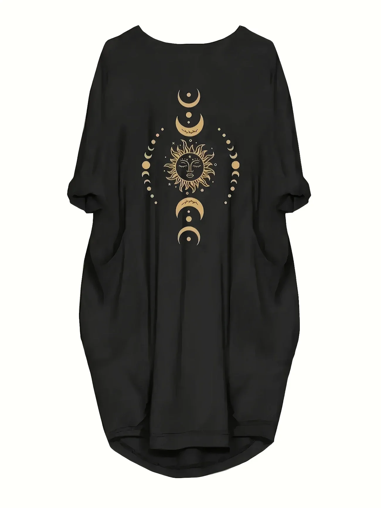 플러스 사이즈 1XL-5XL 여성 캐주얼 달 & 태양 프린트 비대칭 밑단 드레스 숙녀 캐주얼 루즈 스타일 우아한 크루 넥 드레스