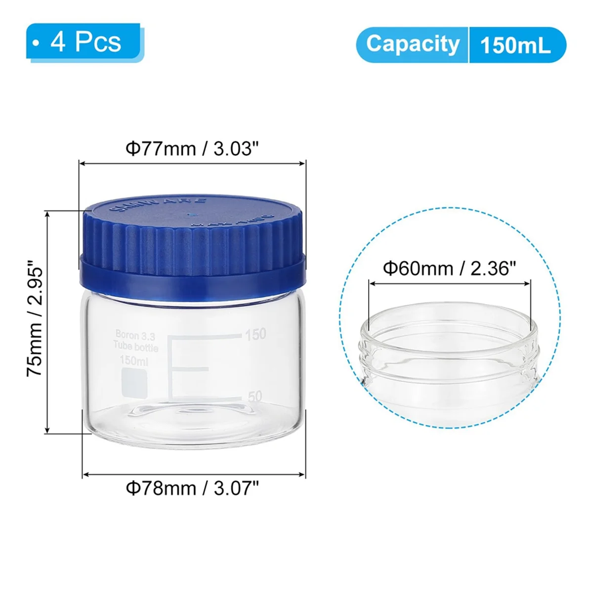 핫 4팩 시약 미디어 보관 병, GL32 스크류 캡이 있는 150ml 붕규산 유리 넓은 입 눈금 원형 병