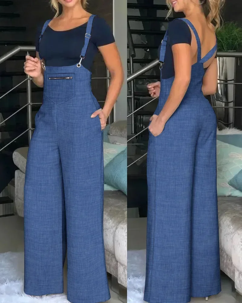 

Pocket Design Wide Leg Suspender Denim Jumpsuit for Women Overall Daily Regular Fit Sleeveless Summer Fall Jumpsuits Rompers