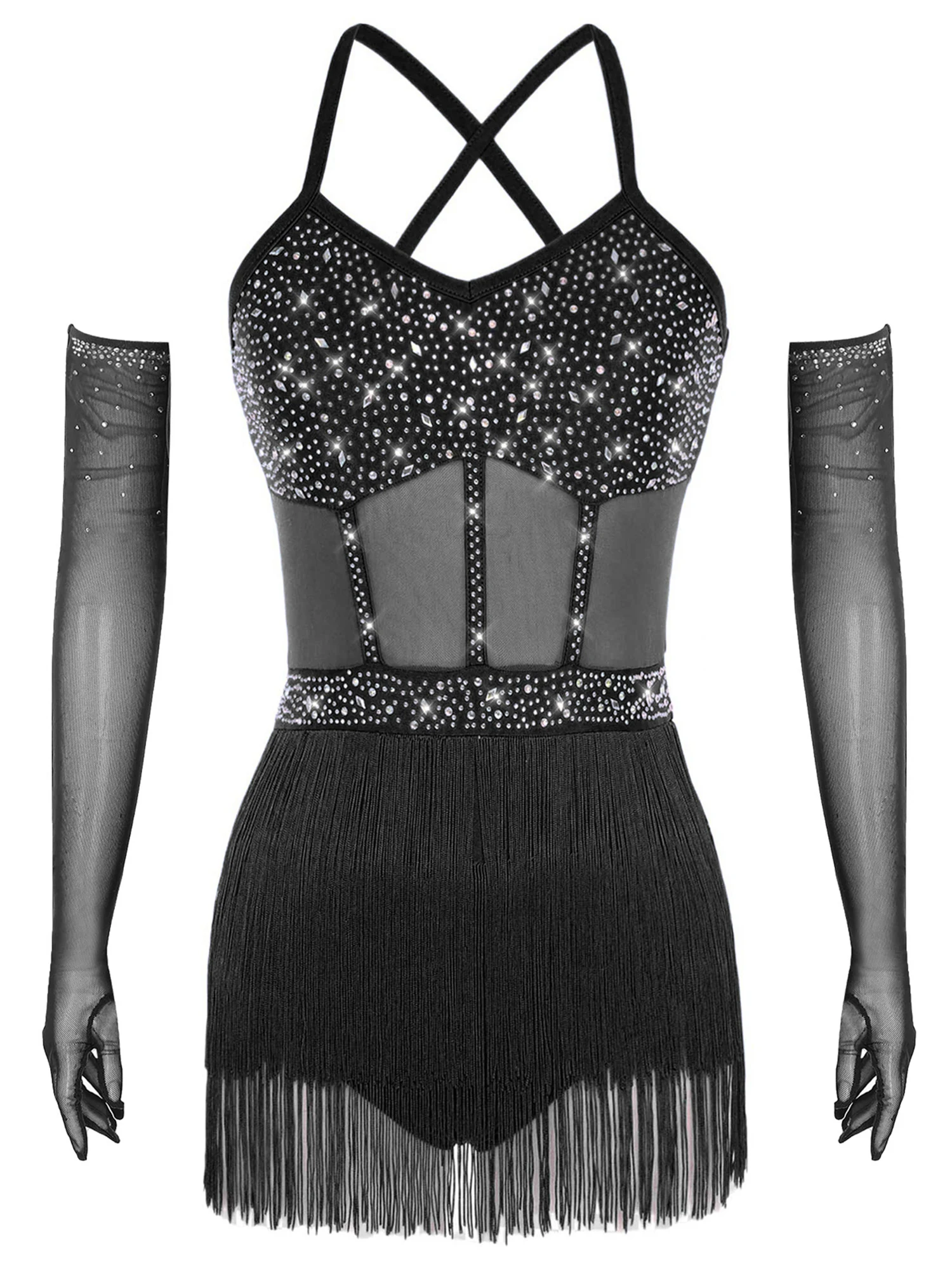 Sukienka do tańca latynoamerykańskiego z rękawiczkami, przezroczysta siateczka, warstwowa sukienka z frędzlami i długie rękawiczki do tańca tango i tańca towarzyskiego.