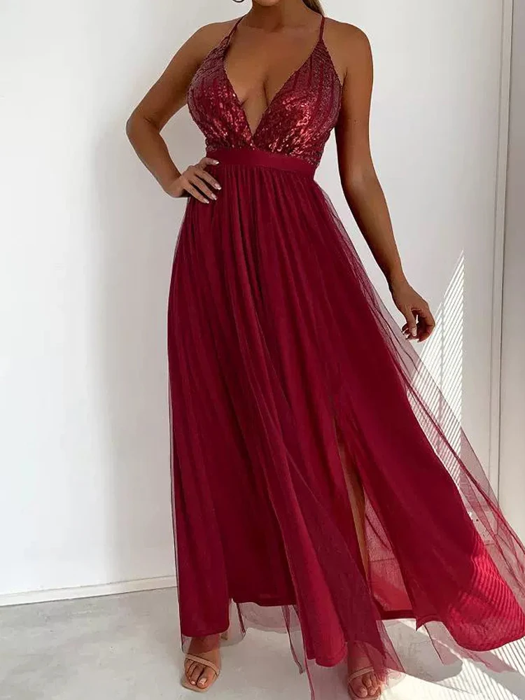 Fashion Split Splicing Slim Long Dress Elegant Wrap Hip V-neck Suspender Dress Women's Sexy Sleeveless Hight Waist Green Dress