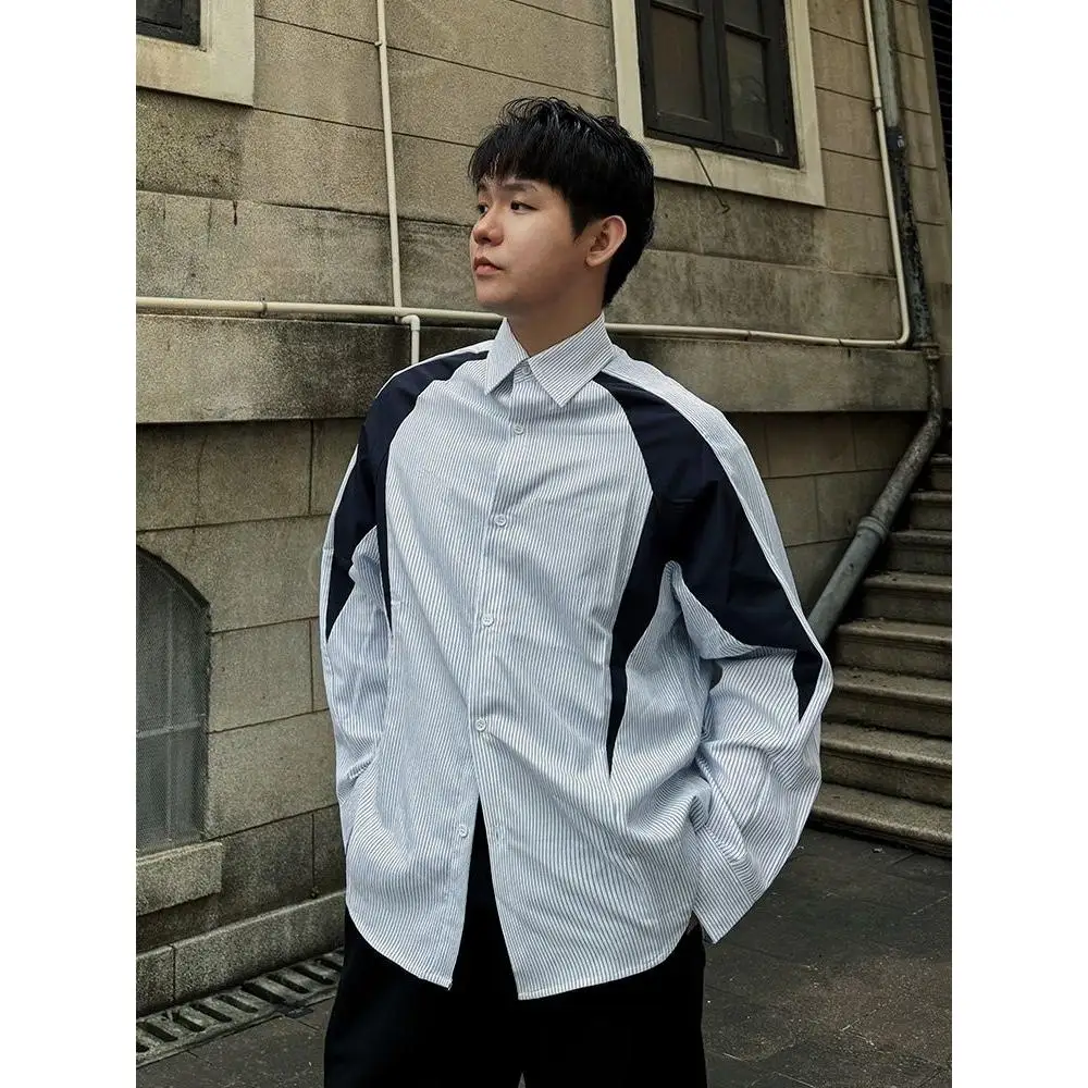 

Casual Stripe Pattern Long Sleeve Shirt Men's Fashion Deconstructed Patchwork Design High-End Feeling Hong Kong Style Outerwear