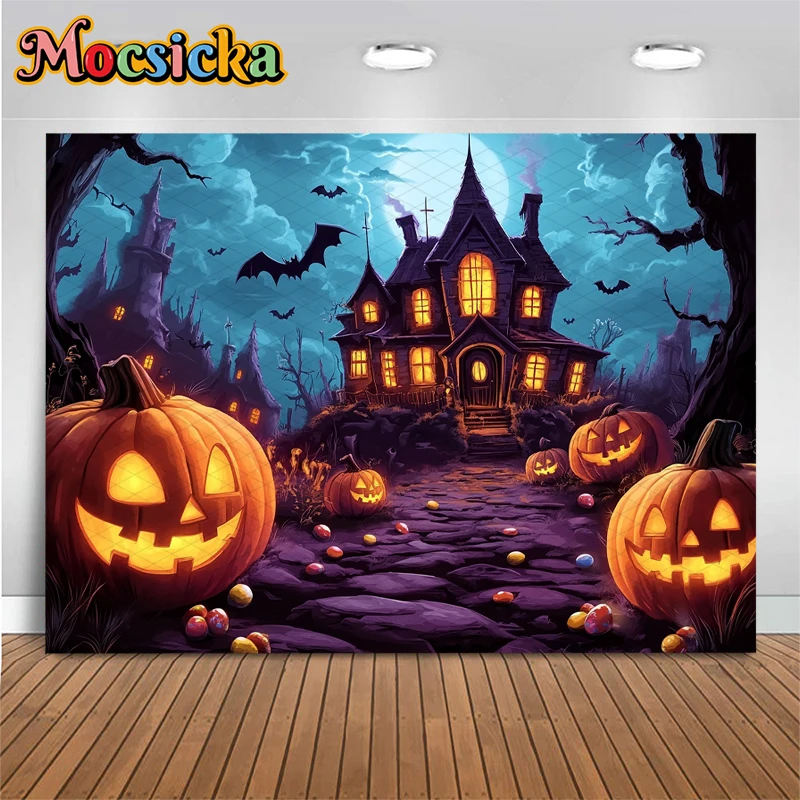 Mocsicka Хэллоуин фон для фотосъемки замок дом ужас ночь летучая мышь Jack-O-Lantern вечерние Декор детский фото фон обои