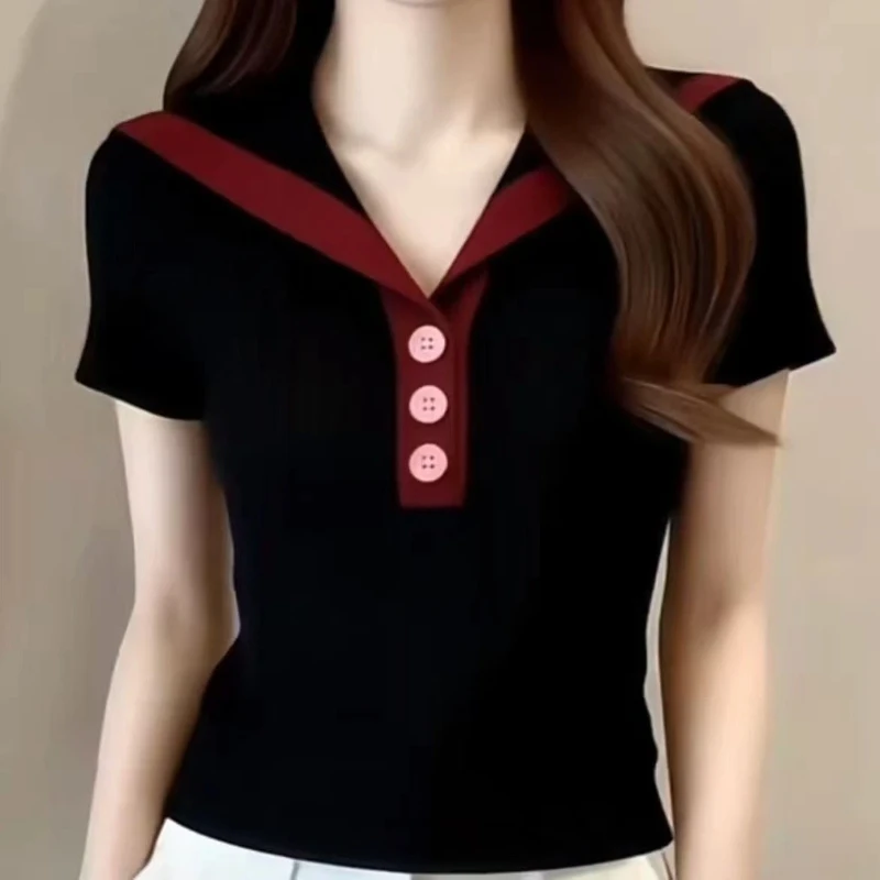 Preppy Style Contrast Patchwork Plus Size Tops Tees Summer New Short Sleeve Vintage Youth T Shirts Fashion Trend Women Clothing