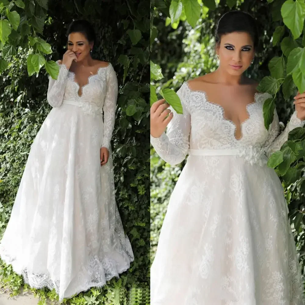 

Customized Modest A-Line V Neck Lace AppliquesWedding Dresses Floor Length Long Sleeves Robe De Mariée Plus Size Garden Brida