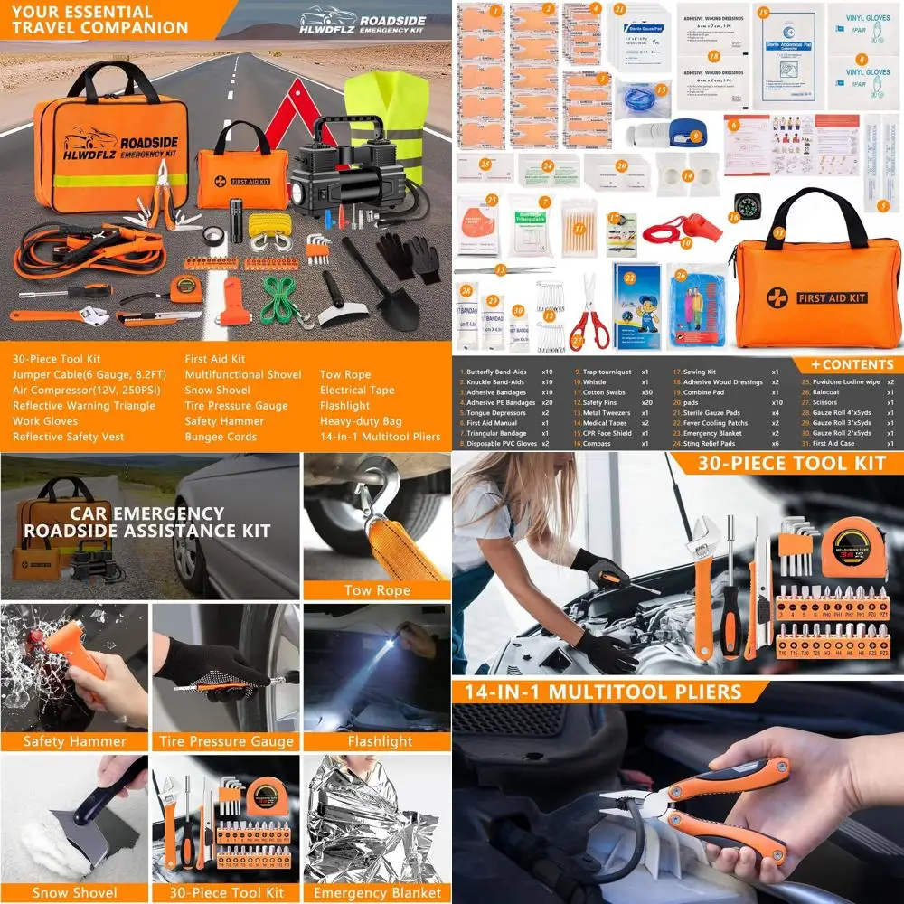 

Car Emergency Kit with Portable Air Compressor - Roadside Assistance Emergency Kit with Jumper Cables, First Aid Kit, Auto Tool