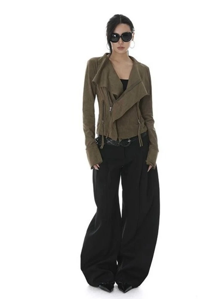 سترات كلاسيكية مقصوصة بياقة مقلوبة للنساء معطف هاراجوكو بانك بقصة ضيقة ملابس خروج جيب وسحاب Y2K ملابس خارجية جمالية من الجرونج