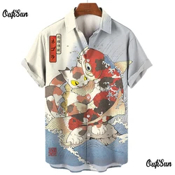 Japanese Style Short Sleeve Men's Shirts Oversized Samurai Cat Graphic Printed Man Summer Shirts Button Up Designed Men Clothes