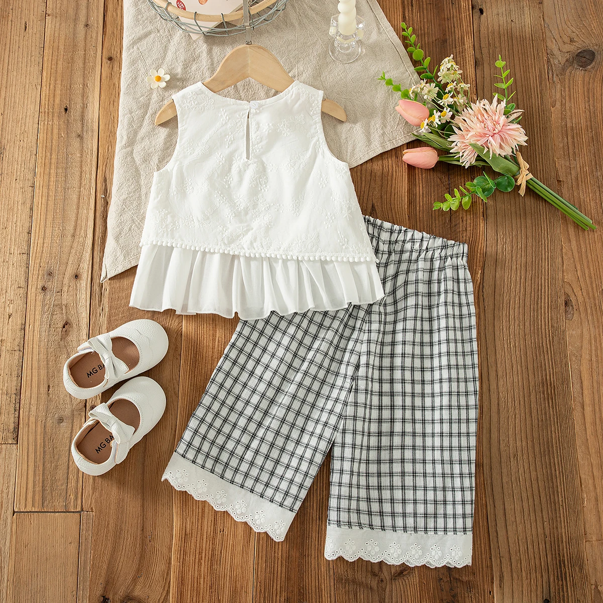 2pc/Set Girls' Outfits Set Summer Solid-Color Checkered Sleeveless Top And Pants Baby Girl Clothes Cute Beach Baby Outfit Set