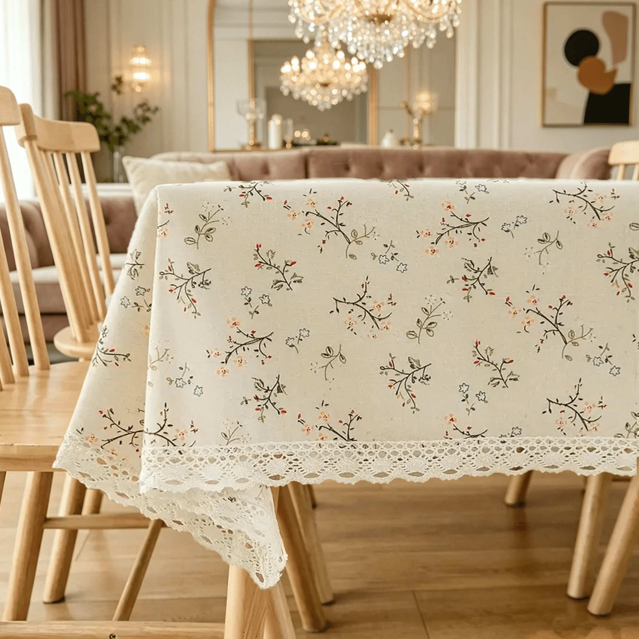 Breathable texture cotton fabric, empty lace hem, dust-proof tablecloth for home dining table storage countertop