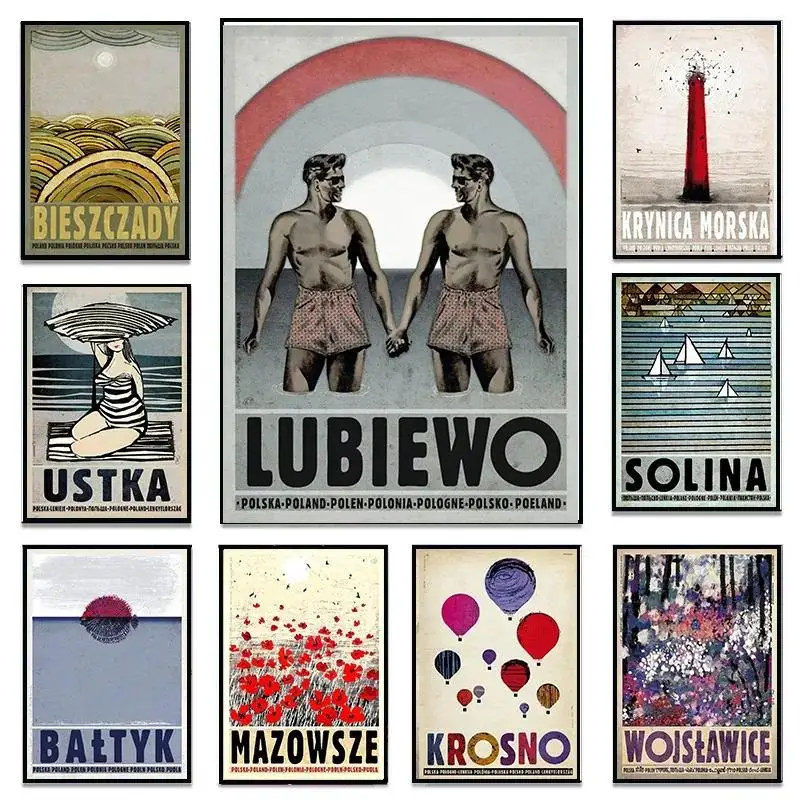 Pósteres Vintage de Polonia, paisajes urbanos, mar, playa, bosque, montaña, impresiones en lienzo para decoración de pared de salón