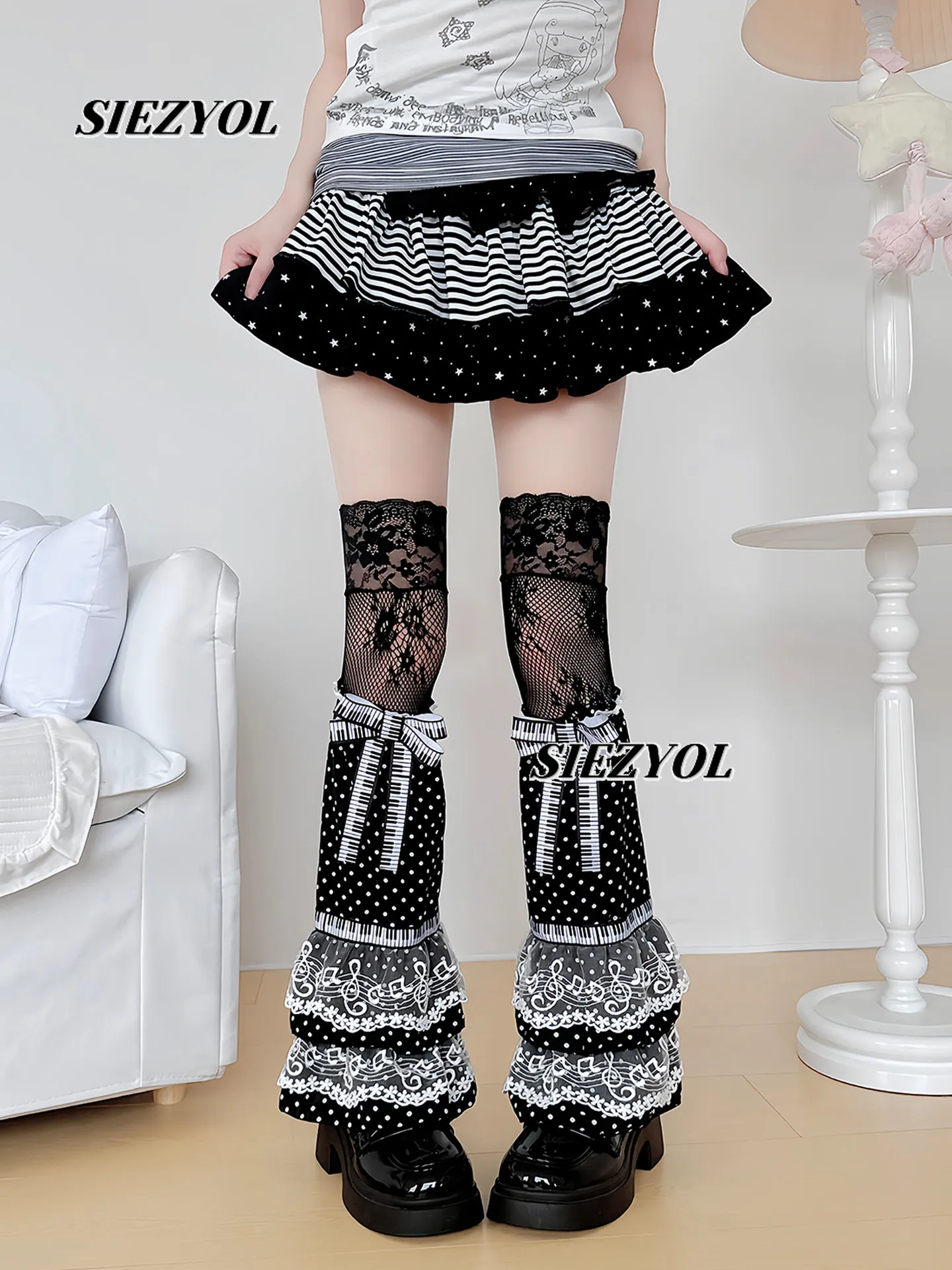 Lolita Floral Polka Dot Print Leg Warmers Sweet & Cute Y2k Black White Color Block Retro Leg Warmers Lace Thigh Socks