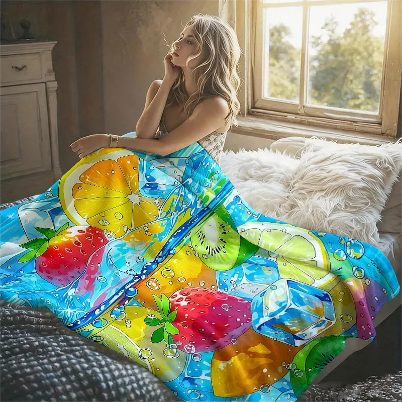 Summer Fruit Splash Flannel Blanket Warm Soft Halloween Christmas Decorative Couch Warm Cozy All-Season Gift