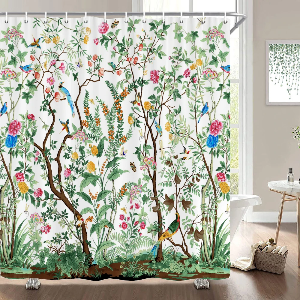 European Flowers, Birds, Plants Bath Curtains Waterproof Shower Curtain 3D Printing Bathroom Decoration With Hook Bath Screen