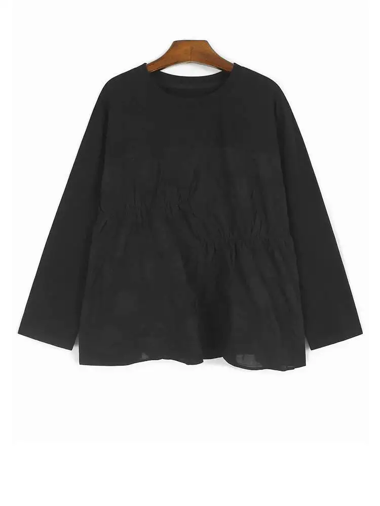 

Women Black Pleated Spliced Big Size Casual T-shirt New Round Neck Long Sleeve Fashion Tide Spring Autumn