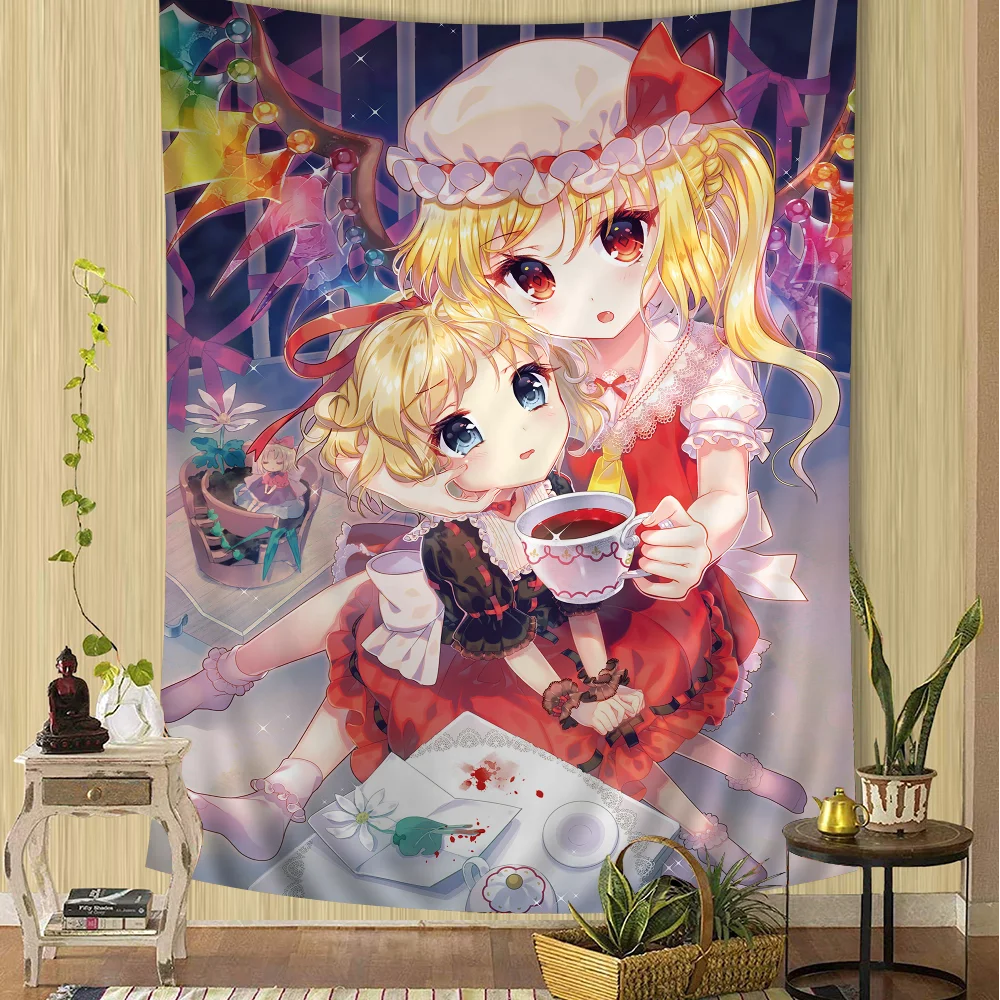 Touhou Project Flandre Scarlet Wandteppich – Anime Wandteppich Tarot Hippie Wandteppiche Wohnheim Wandbehang Blätter DIY Wand für Schlafzimmer
