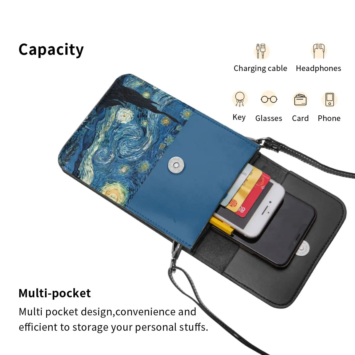 Van Gogh Shoulder Bag Starry Night Vintage Leather Art Outdoor Mobile Phone Bag Student Gift Bags