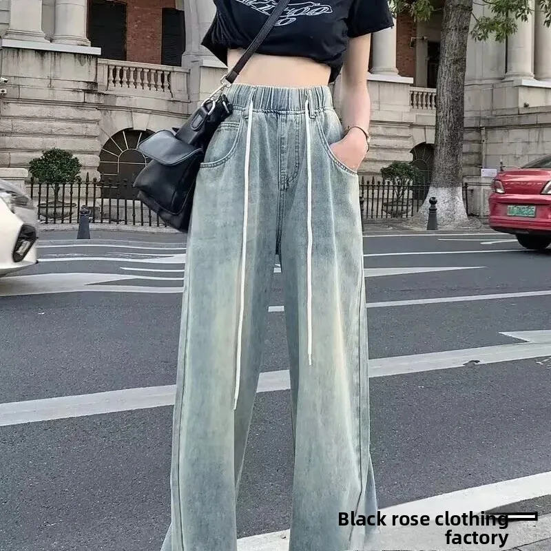 

Американские джинсовые джинсы в стиле ретро, женские широкие брюки с высокой талией, длиной до пола, с завязками, осенние модные брюки свободного покроя