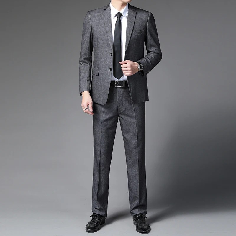 

2024 Men Business Casual Uniform Gray Blazer and Pant 2PCS Suit Set Male Office Fashion Twinset Garment Elegant Work Wear Attire