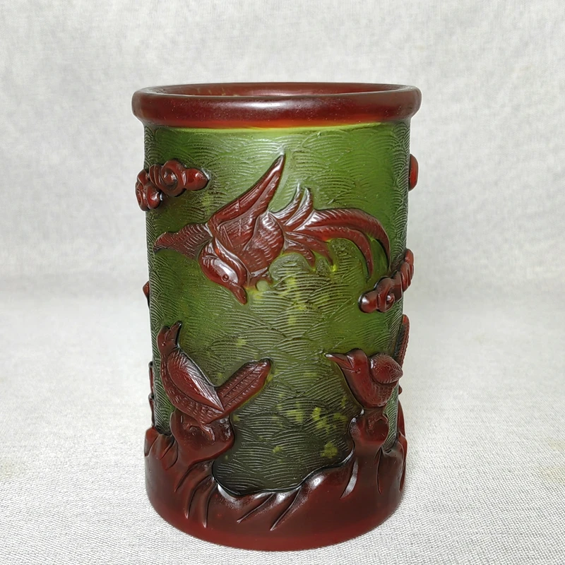 YIZHU CULTUER ART Size 12.6×8.4cm Chinese Old Beijing Glaze Carving Exquisite Flowers and Birds Brush Pot Antique Collection