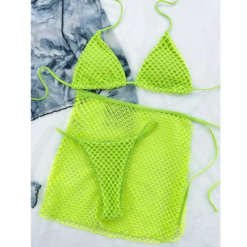 

Women's 3 Piece Swimsuits Hollow Out Halter Triangle Tie Side Bikini Sets Bathing Suit with Beach Skirt