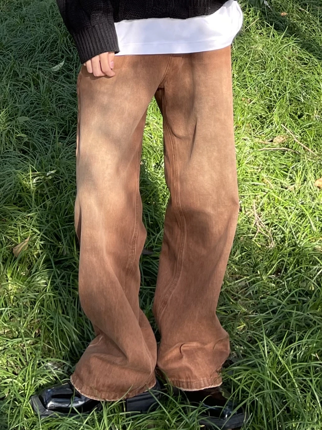 

NECOYEP202 Коричневые широкие джинсы в американском стиле ретро с выцветшими обычными свободными утягивающими джинсами длиной до пола, повседневные прямые джинсы