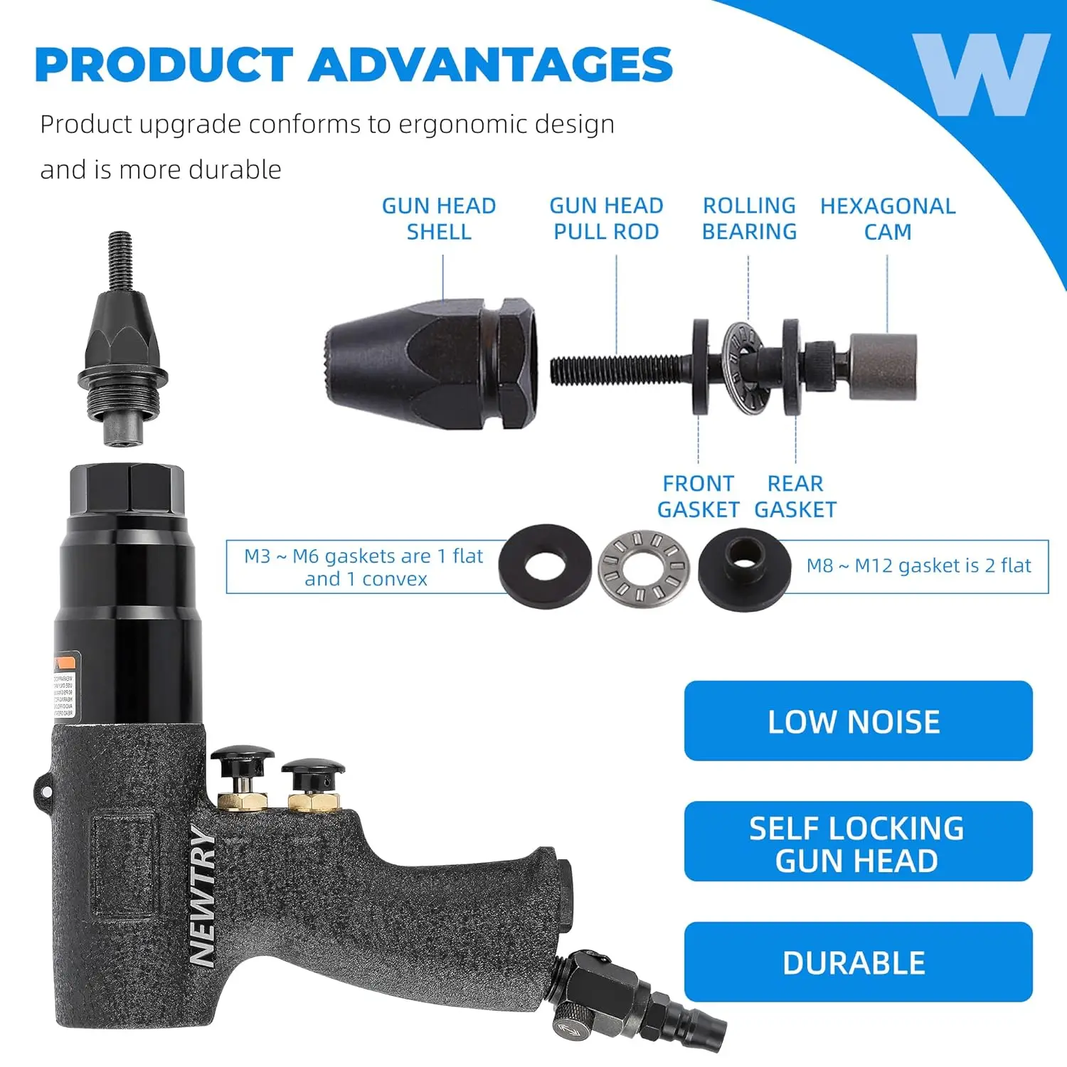 Kit de ferramentas de rebitagem pneumática para porca de rebite de ar com cabeça de travamento automático para porca 13/64,1/4,5/16 (pistola 6068 com m5, m6, m8)