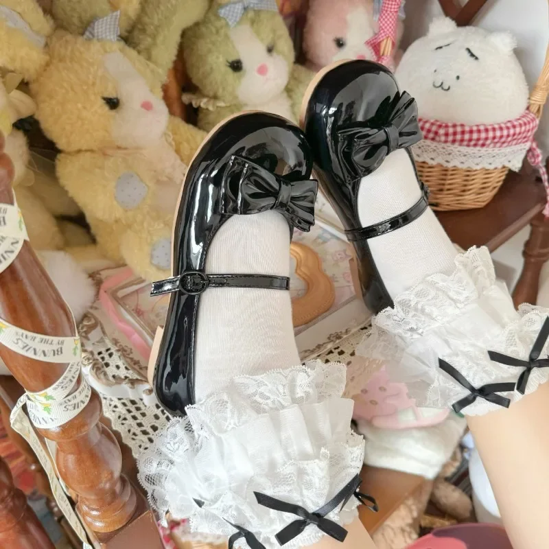Buty damskie Lolita Damskie mieszkania Niskie okrągłe z paskami krzyżowymi Kokardka Śliczne dziewczęce księżniczki Buty na spotkanie przy herbacie