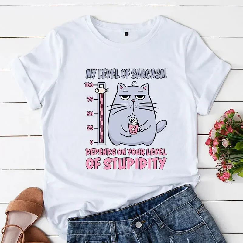 Women T Shirt Short Sleeve Clothing My Level of Sarcasm Depends on Your Level of Stupidity  Tops Cat Cartoon Graphic Tee T-Shirt