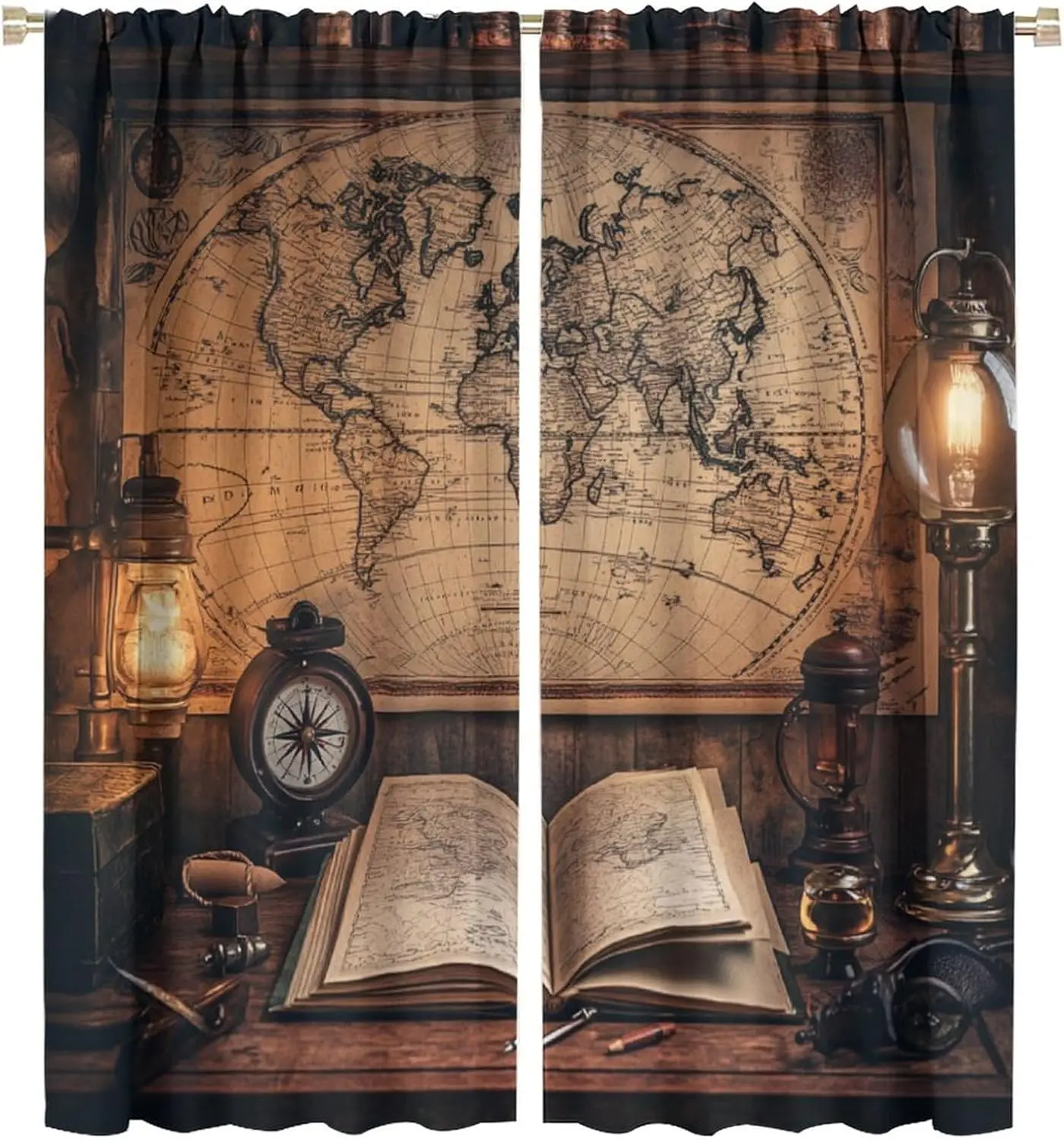 Vintage World Map Blackout Curtains for Bedroom, Grommet Drapes Thermal Insulated Room Darkening Classic Nautical Compass Book