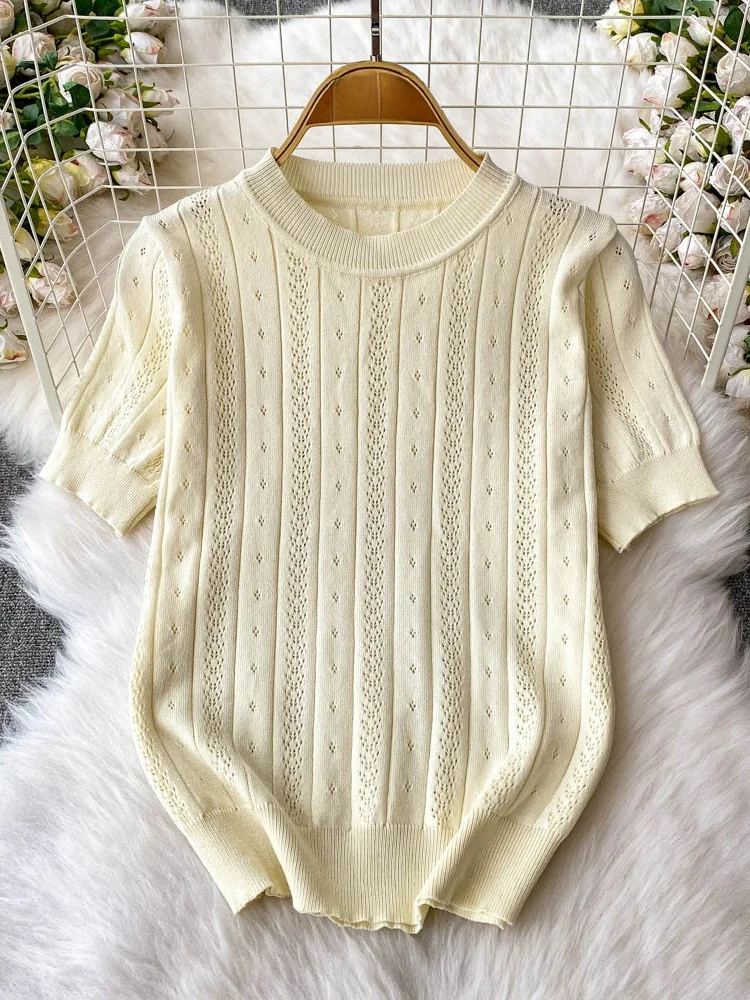 T-shirt in seta di ghiaccio lavorata a maglia dolce scava fuori ort Sve round Ne Top con gonna snellente a vita alta Set da due pezzi