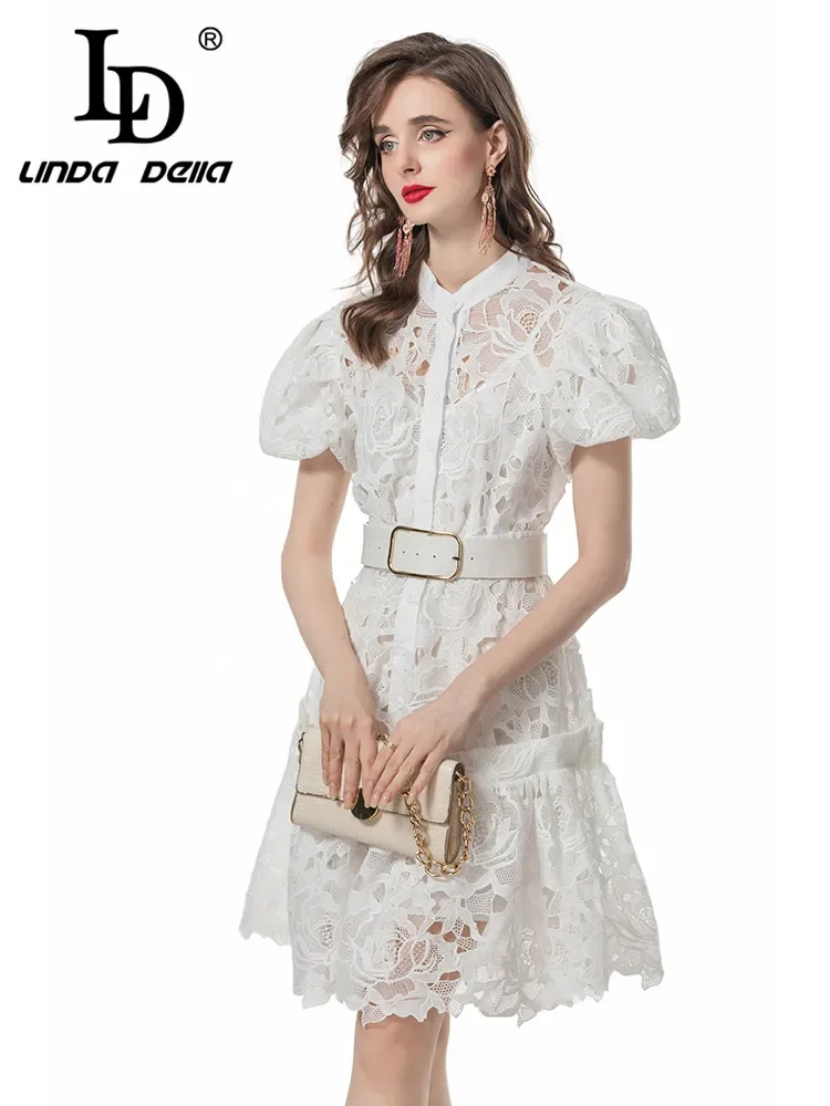 LD LINDA DELLA Fashion Designer Summer Dress Women\'s Solid Color Floral Embroidery Hollow Out Sashes+Camisole Dress 2 Pieces Set