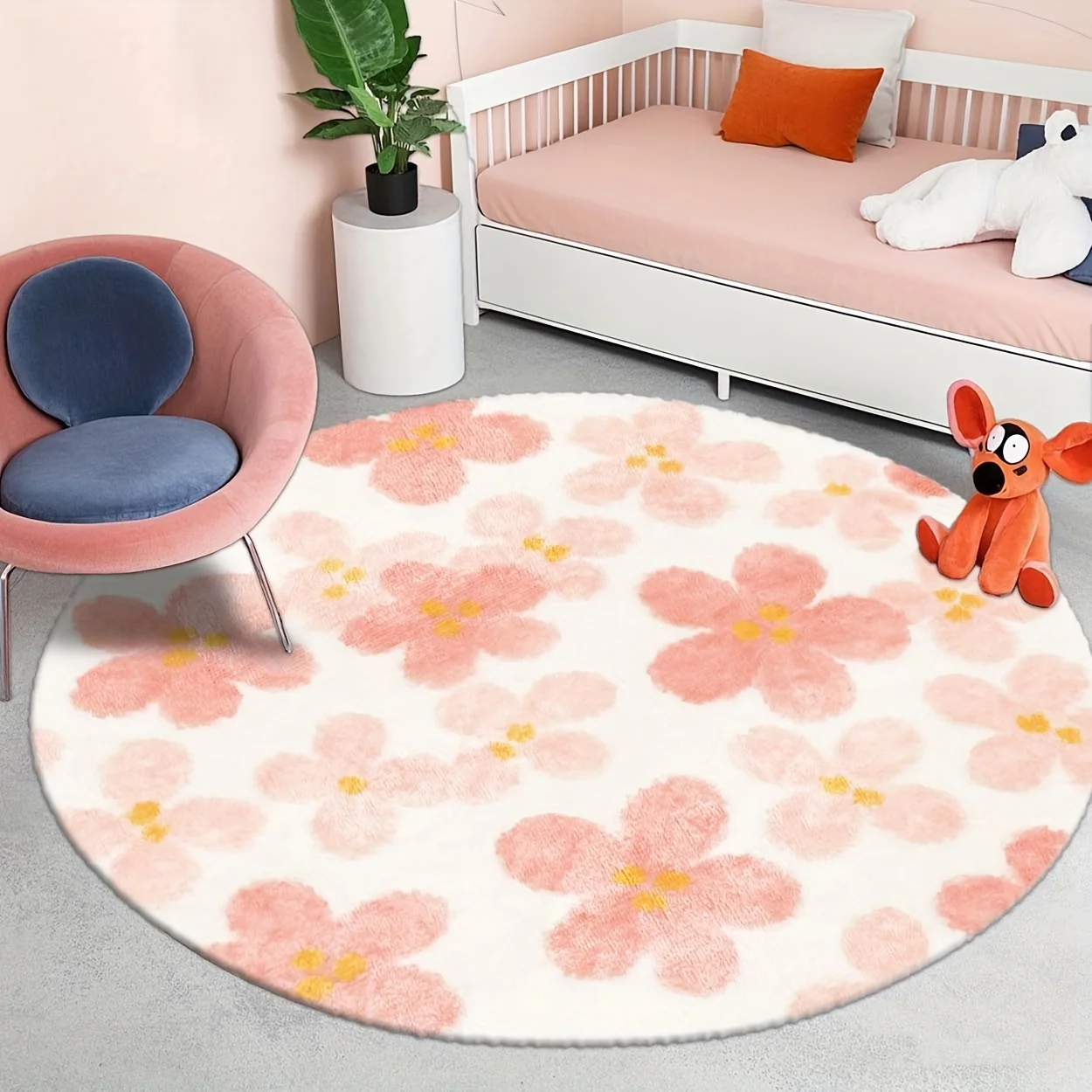 Mid Century Modern Circular Area Rug  Warm Orange Blush Abstract Palm Leaf Print Anti Slip Round Floor Mat for Chair Side