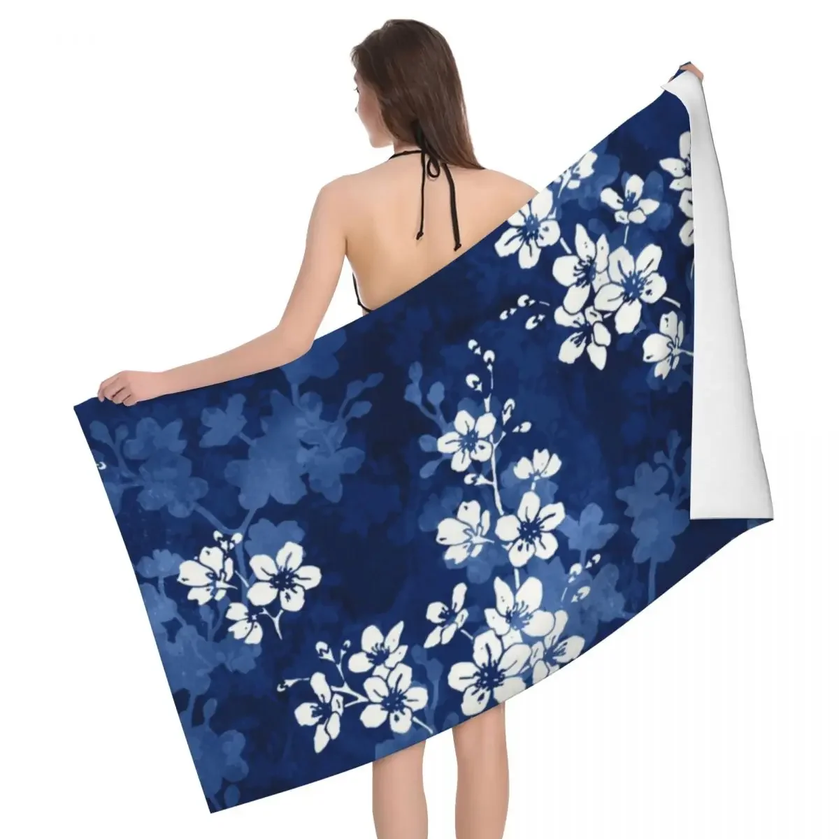 

Customized Sakura Blossom In Deep Blue Beach Towel Quick Dry Pattern Cherry Japanese Flowers Super Microfiber Bath Sauna Towels